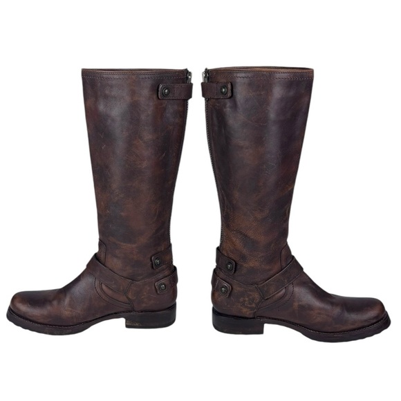 FRYE VERONICA BROWN DISTRESSED TALL MOTO EQUESTRIAN STYLE BACK ZIP LEATHER BOOTS - Picture 3 of 14